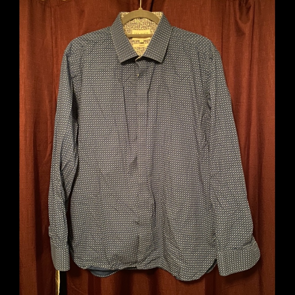 Nice Blue Patterned Ted Baker Slim Fit Long Sleeve Button Down